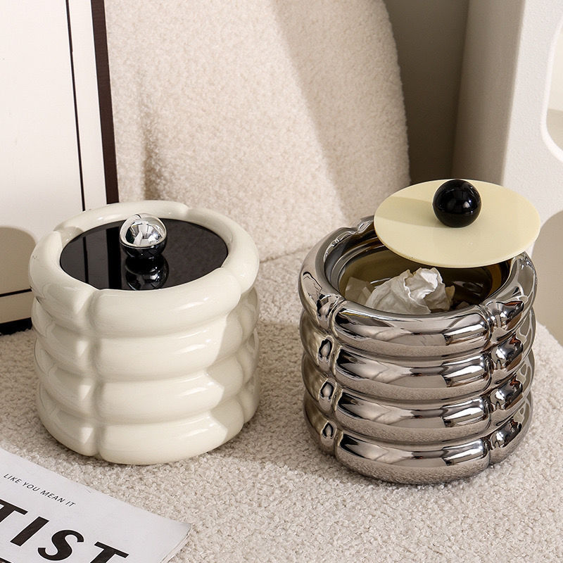 Ins Style High-Looking Ceramic Desktop Storage Trash Can with Lid Small Paper Basket Office Living Room Bedroom Home