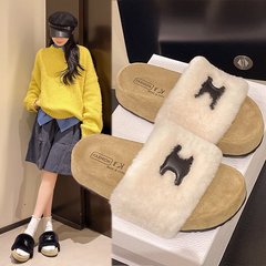 厚底毛毛拖鞋女外穿2025新款时尚百搭休闲一字拖鞋毛绒松糕棉拖鞋