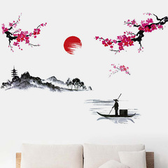 外貿水墨山水風光落日臥室客廳家居布置裝飾牆貼貼紙自粘批發跨境