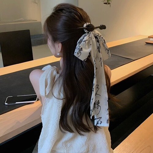 New Chinese-style elegant ink painting ribbon hairpin for women, ancient style updo hairpin, butterfly knot Hanfu wood hairpin trendy
