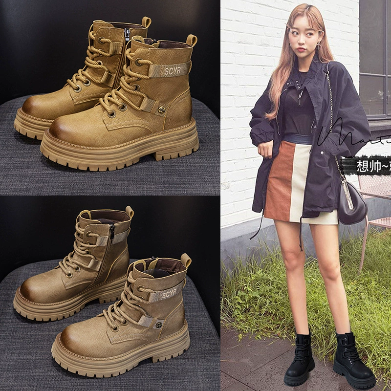Женские желтые ботинки 2025 года, осенняя новинка, кожаные, на толстой подошве, в стиле рабочих ботинок Мартин, с флисовой подкладкой, короткие зимние ботинки для женщин.