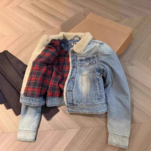 日系复古文艺高材质版宅女羊羔绒夹棉牛仔水洗时尚女棉服夹克外套