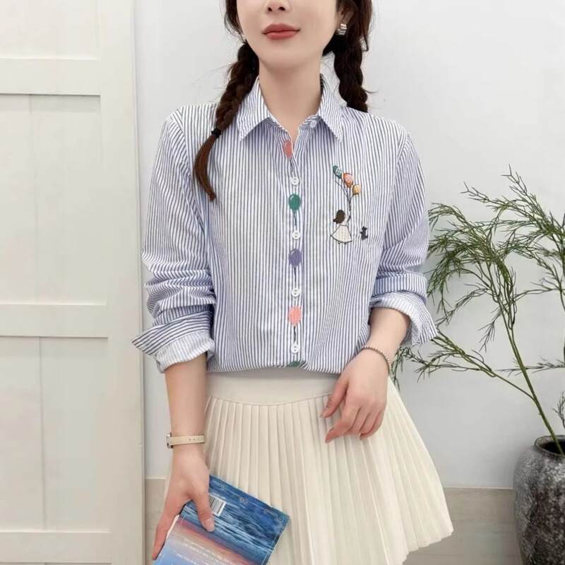 Forest-Style Sweet Balloon Embroidery Striped Shirt 2026 Spring New Loose Shirt Slimming Top White Cotton