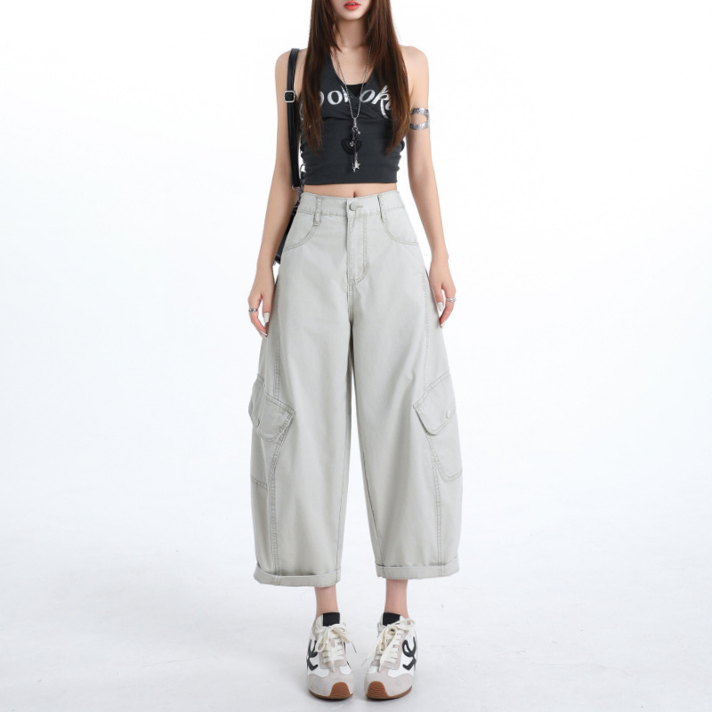Retro American street style large pocket design cropped jeans for women, new thin loose high-waisted versatile work pants