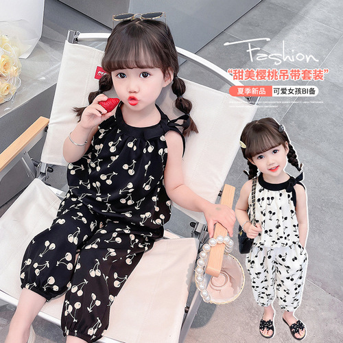 Ladycot Cherry Strappy Set 2024 Summer New Girl Baby Trendy Fashion Two-Piece Set for Middle and Small Children