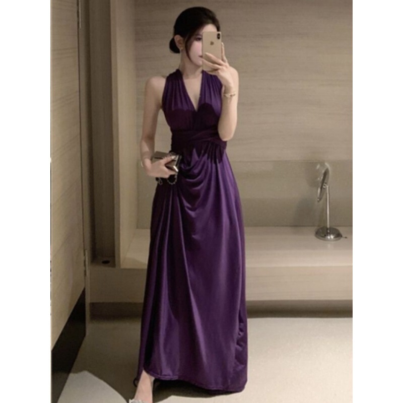 Elegant Lady Long Engagement Dress Sexy Backless Halterneck Purple Dress Birthday Party Skirt