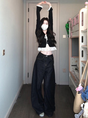 早秋季穿搭黑色假两件长袖t恤女2025新款设计感小众韩系绝美上衣