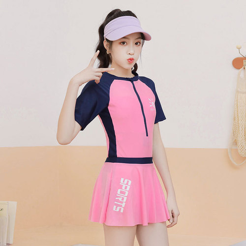Swimming children's swimsuit women's short-sleeved one-piece sun protection medium and large girls anti-embarrassment waterproof quick-drying swimsuit skirt