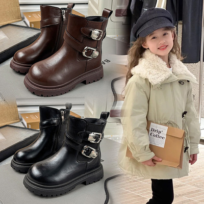 Martens, детские утепленные зимние модные короткие сапоги в английском стиле, ремень, удерживающая тепло пряжка для мальчиков, в британском стиле, в западном стиле
