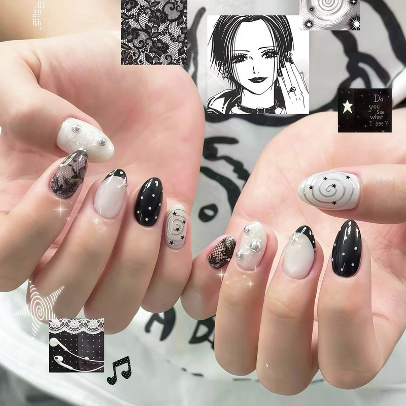 Black and white lace polka dot gold-plated press-on nails ins Japan Osaki Nana cross-border European and American nail patches Black and white lace polka dot gold-plated press-on nails ins Japan Osaki Nana cross-border European and American nail patches
