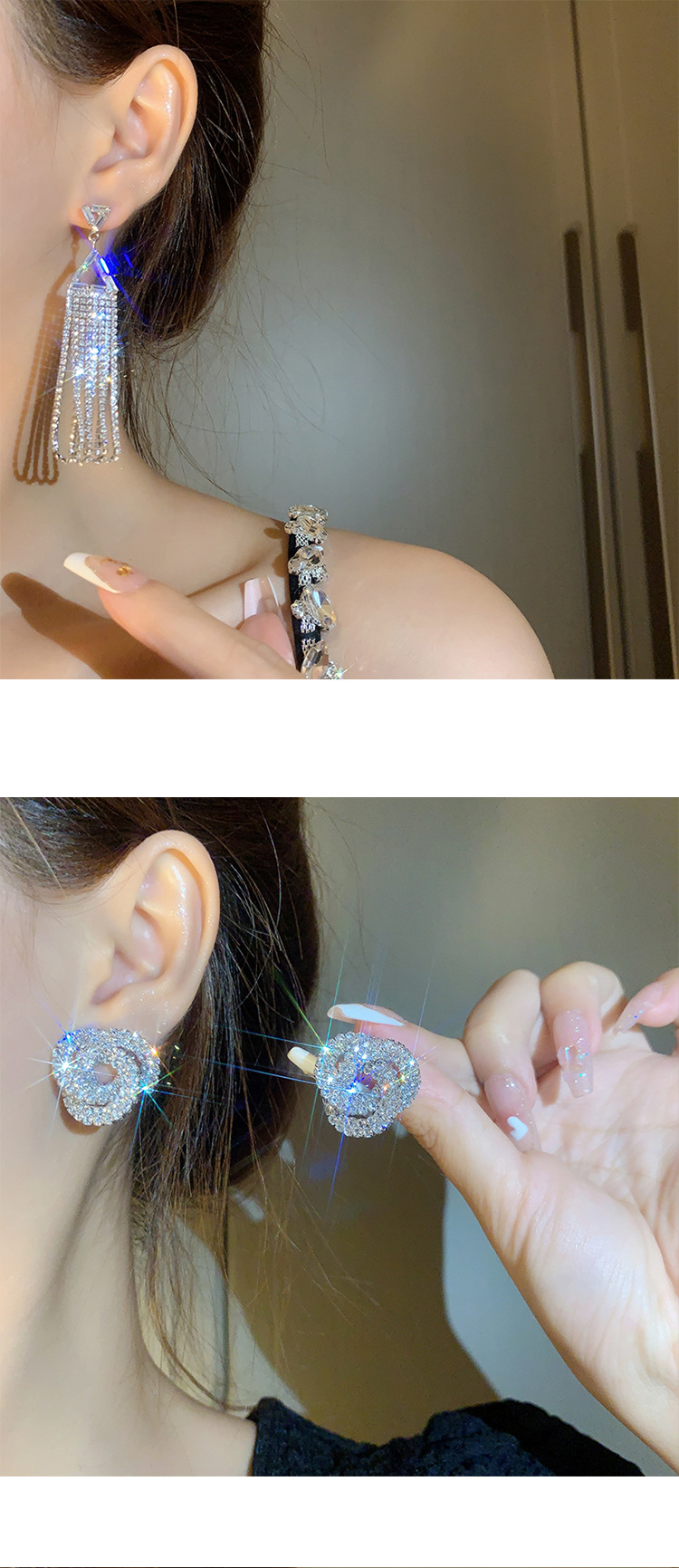 Retro full diamond long tassel earrings for women in Europe and America, exaggerated temperament, earrings, high-end feeling, light luxury earrings_voghion.com