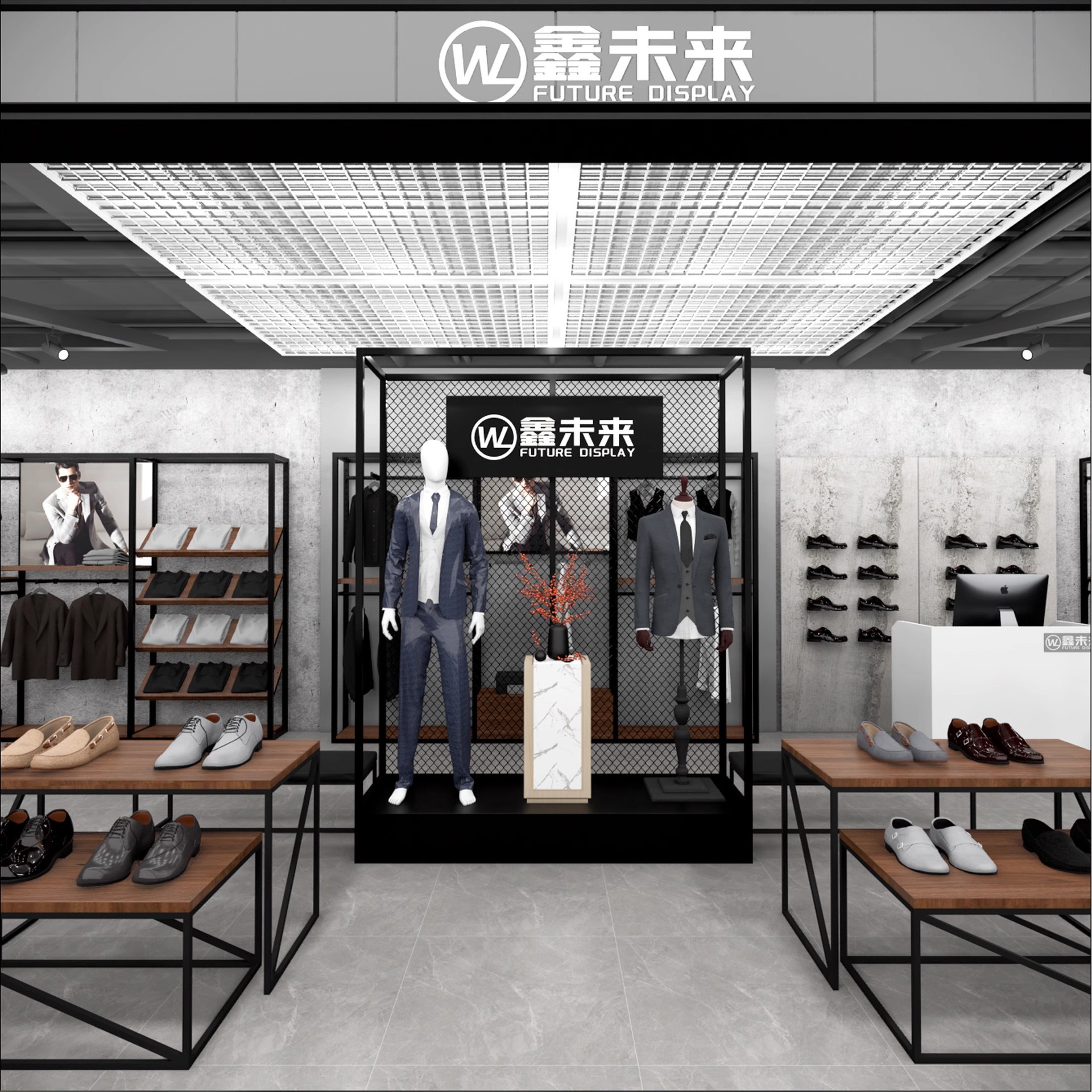 Tienda de ropa de hombre de marca tienda de ropa personalizada estante de exhibición estante de mostrador del centro comercial tipo piso estante de exhibición multicapa