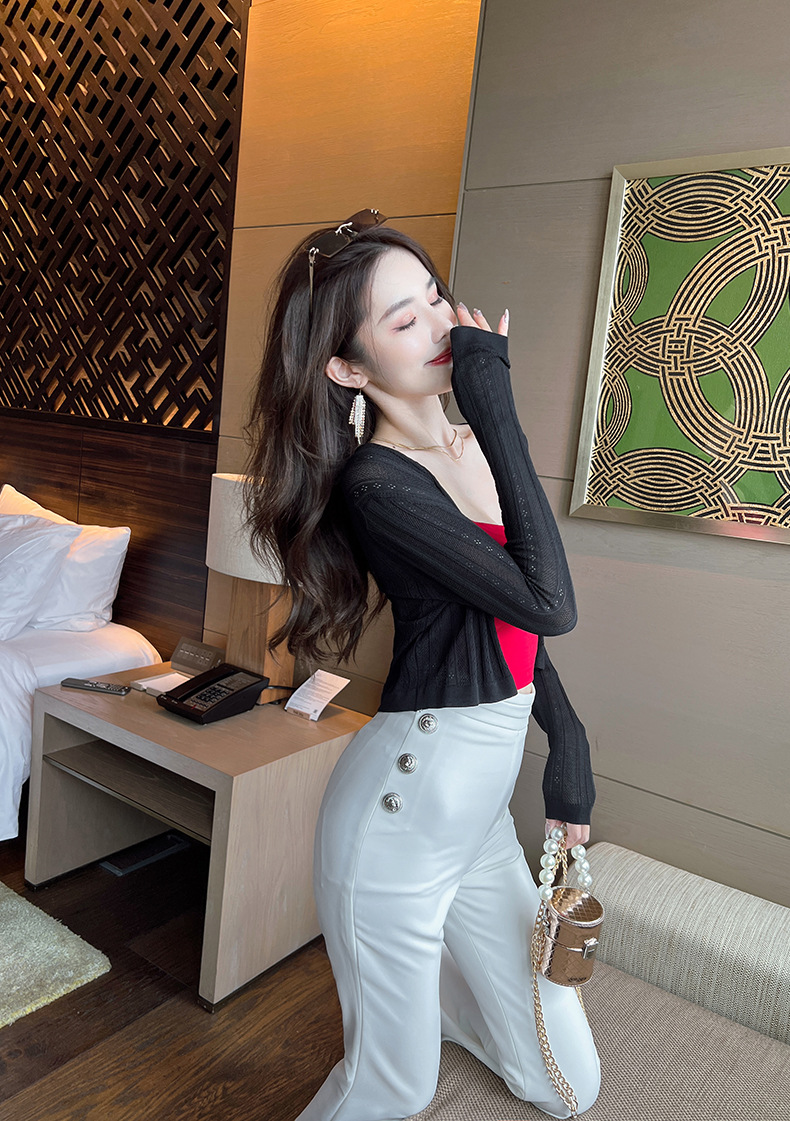 Áo cardigan nữ dệt kim mỏng chống nắng, tay ngắn, dáng suông, phối khăn choàng — Màu đen chi tiết 8