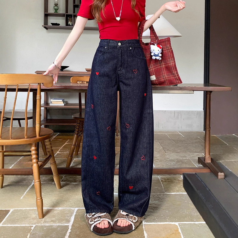 Retro Heart Embroidered Jeans for Women in Spring and Autum Dark Blue Loose and Comfortable High-Waisted Slim Straight Wide-Leg Pants