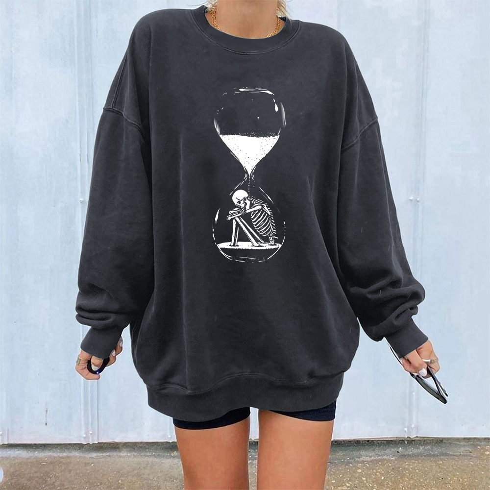 Halloween Sanduhr Skelett Fleece Rundhals Pullover Tropfen Schulter Langarm Herbst/Winter Warm Top Unisex_voghion.com