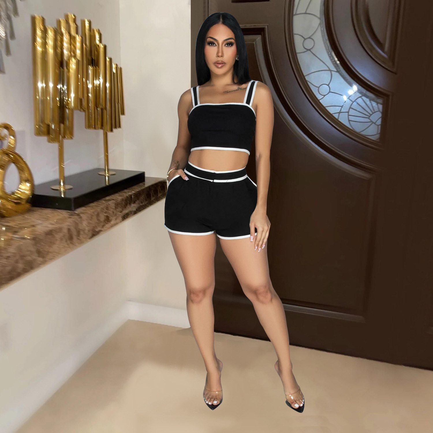 C6966 Aliexpress transfronterizo Amazon estación independiente de moda europea y americana ropa de mujer de color sólido pantalones cortos de dos piezas mujeres