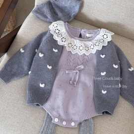 春秋婴幼儿精致花边领针主包屁衣哈衣外套2025新款女宝宝连体套装