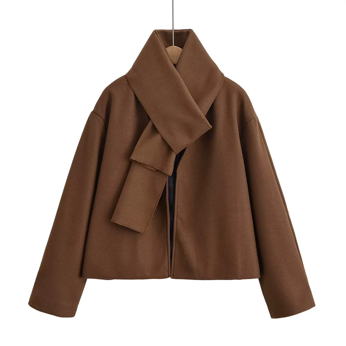 Женская куртка PB&ZA 2025 Лето Новая мода свободная шерстяная с открытым планкой и декором шарфом