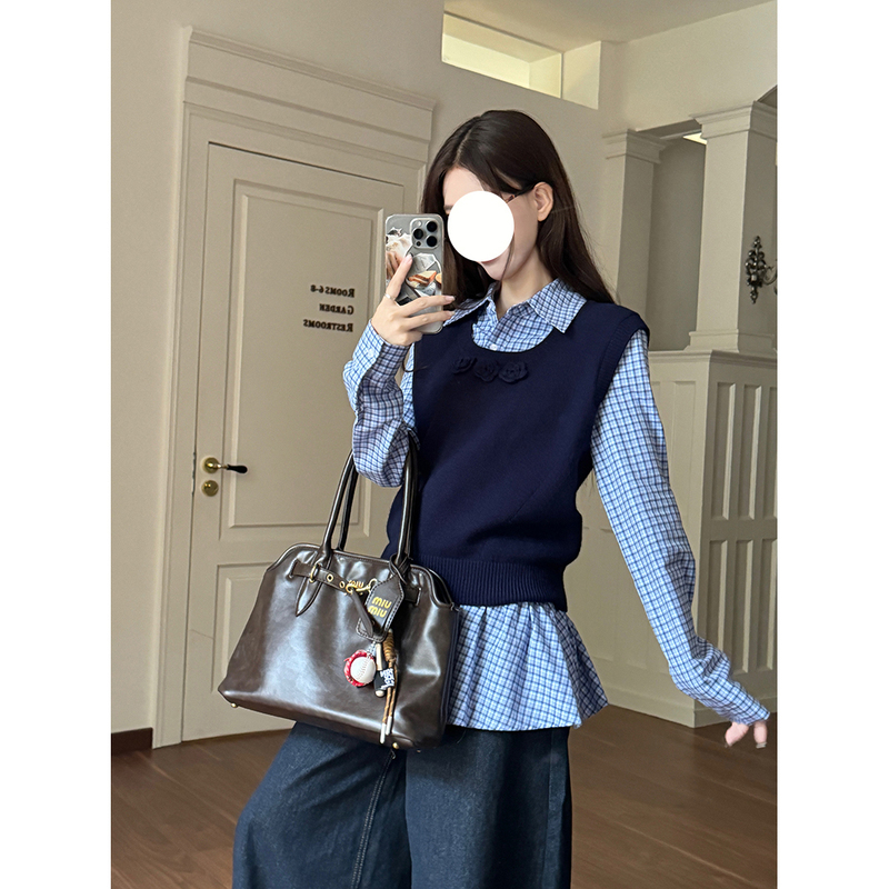 学院风套装女早秋新款针织马甲背心叠穿修身格子长袖衬衫两件套潮|undefined