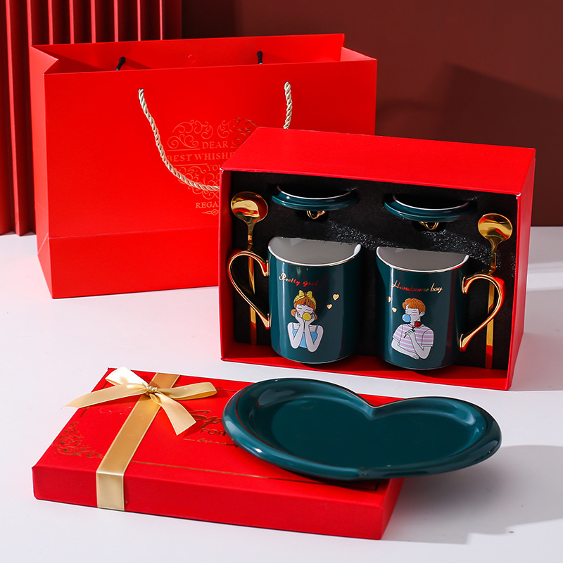 Boda pareja Copa par caja de regalo traje de boda Taza de cerámica par taza regalo festivo regalo