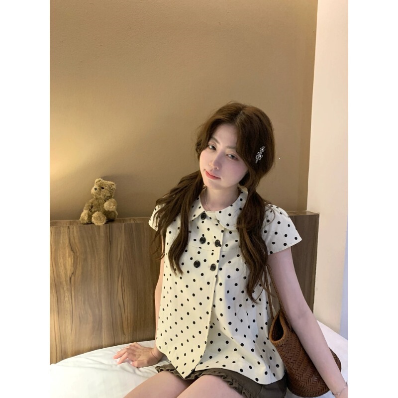 Ptonumi Cookie Crumble Roll Polka Dot Doll Collar Short Sleeve Shirt for Women Summer Double-Breasted Design Versatile Top