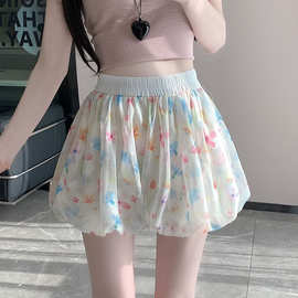 夏季碎花蓬蓬花苞短裤女夏季新款高腰显瘦宽松休闲冰丝阔腿裙裤