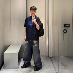 毒家现货正确版本高品质BL家新款破坏牛仔阔腿裤宽松版型男女同款