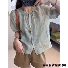 高端苎麻短袖衬衫女夏季薄款上衣2025简约复古文艺宽松小外套衬衣