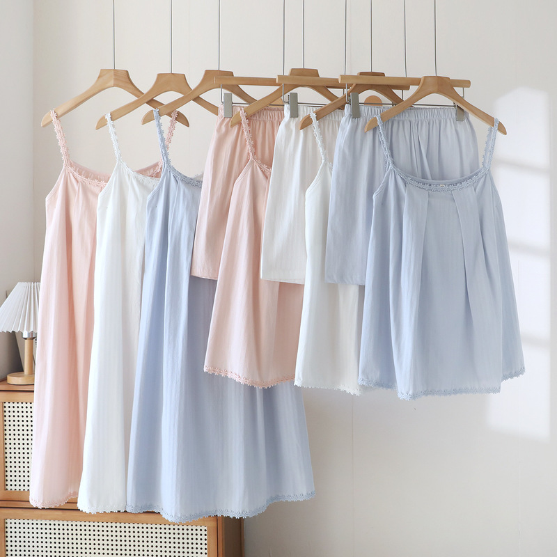 Super Cute and Sweet Summer Thin Loose-Fitting Pajamas for Women with Chest Pads to Prevent Bumps, New Two-Piece Set of Pure Cotton Home Wear
