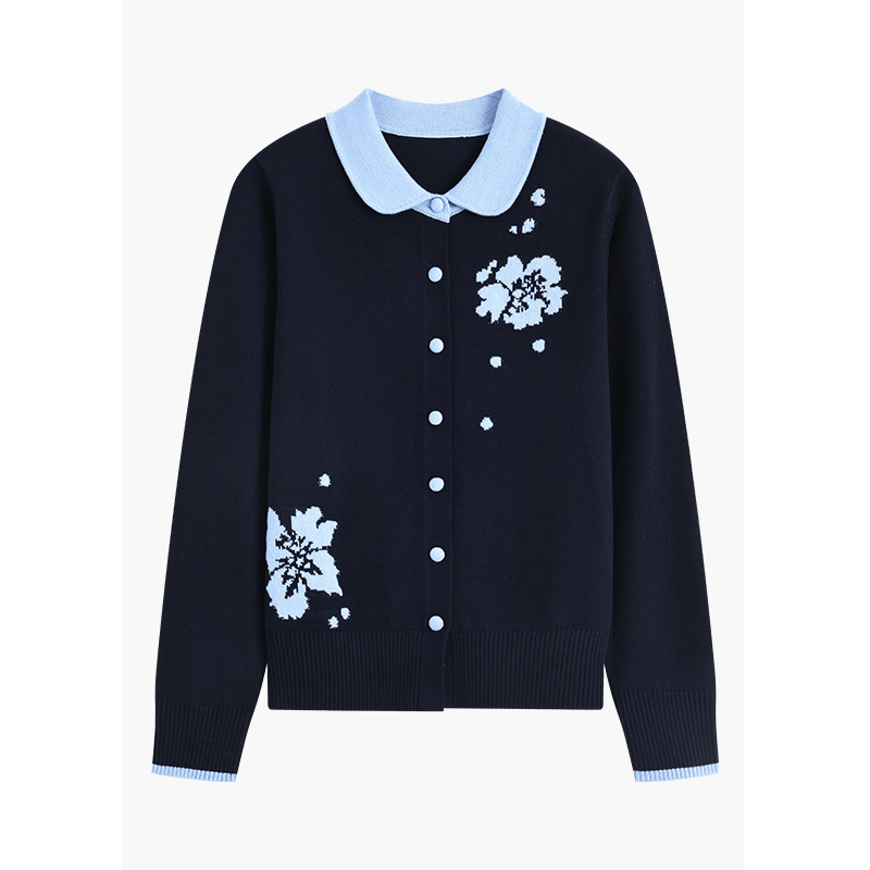 Retro Jacquard Navy Blue Knitted Cardigan for Women 2025 Autumn and Winter New Style Lapel Long-Sleeved Loose Slimming Look Fashion Top