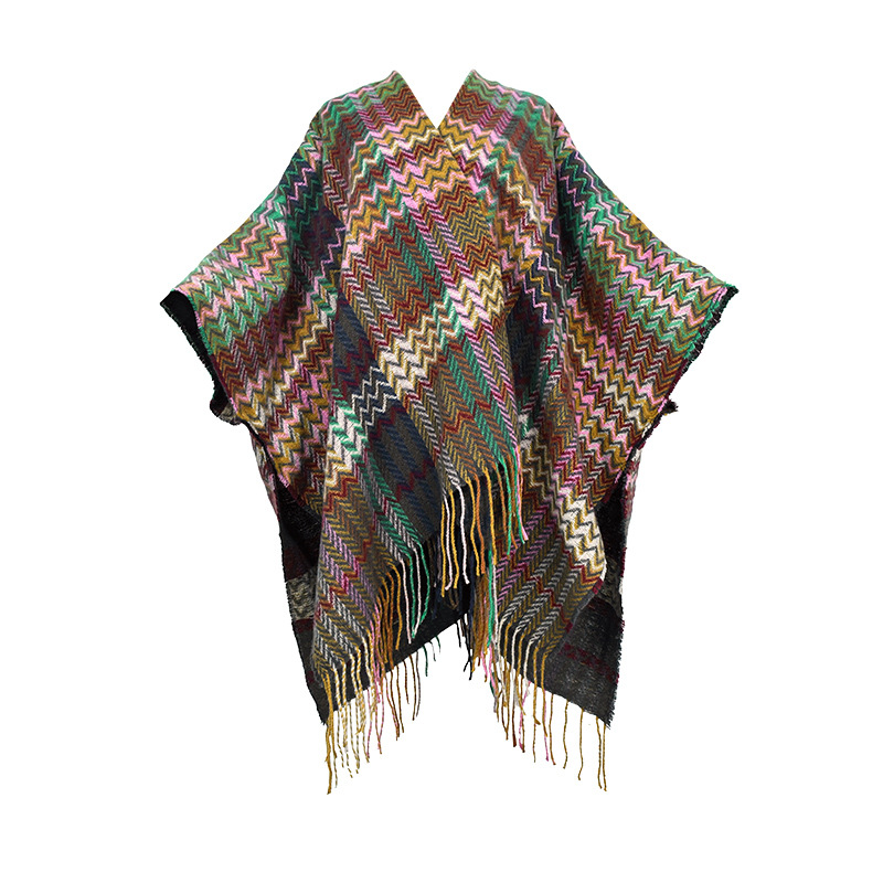 Viaje en el oeste de Sichuan vestido con una capa de chal de peluche de Yunnan Xinjiang de otoño y invierno estilo nacional de punto capa de rayas