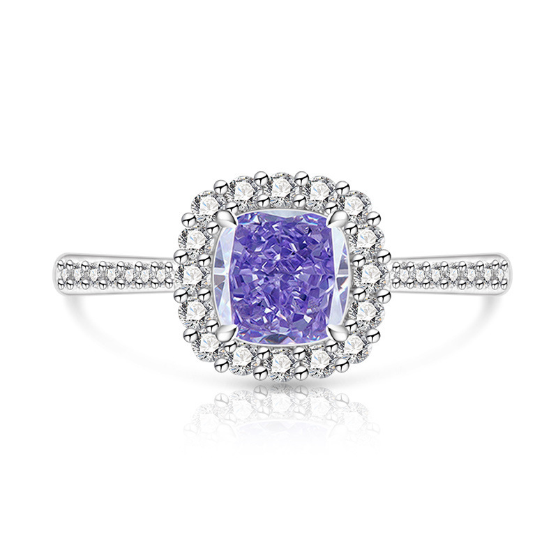 Damenring im Prinzessschliff mit farbigem Edelstein, Eisblumenschliff, quadratische Baguetteform, echt vergoldet, besetzt mit hochwertigen Diamanten_voghion.com