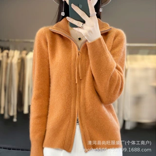 批发25秋冬新款休闲时尚慵懒风双拉链毛衣女宽松百搭针织开衫跨境