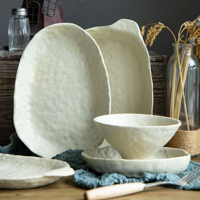 Japanese-style retro ceramic tableware bowl and dish suit hand-pinching stoneware plate noodle bowl creative fish plate household simple rice bowl