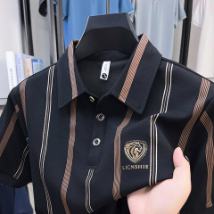 2025男士翻领短袖黑色休闲复古条纹宽松型POLO衫