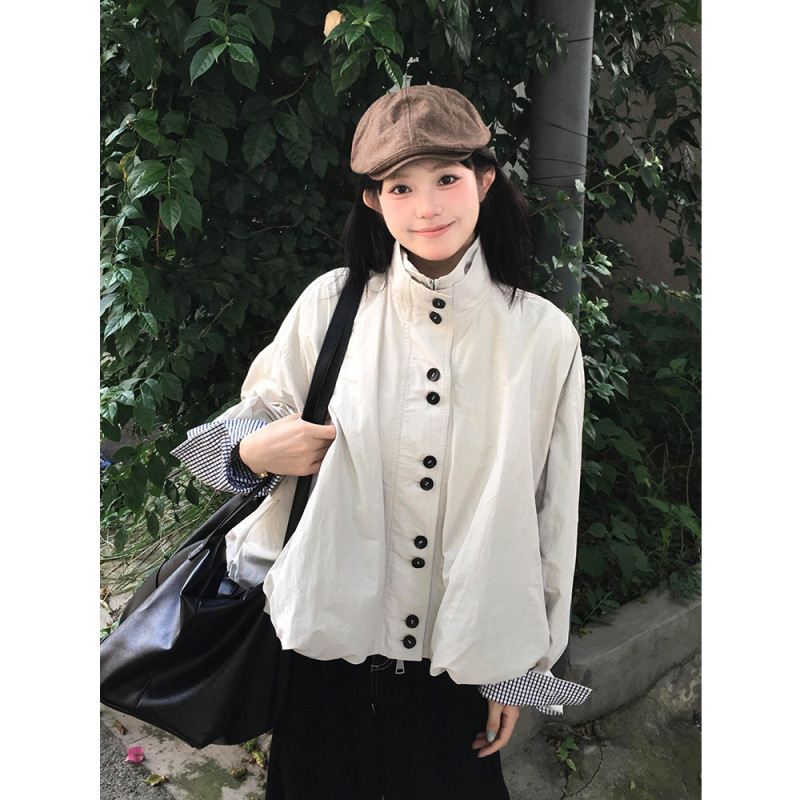 立领短款风衣外套女春秋2025新款设计感宽松休闲花苞型夹克上衣潮|undefined