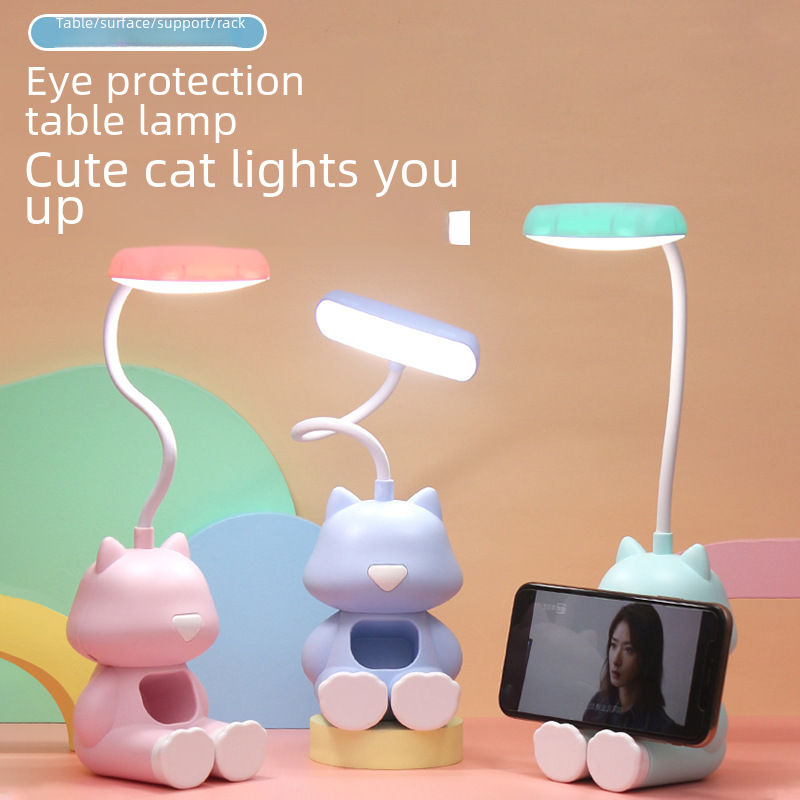 New Desktop Portable Nightlight Dormitory Cute Cat Mobile Phone Bracket Small Table Lamp Student Eye Protection Bedside Table Lamp