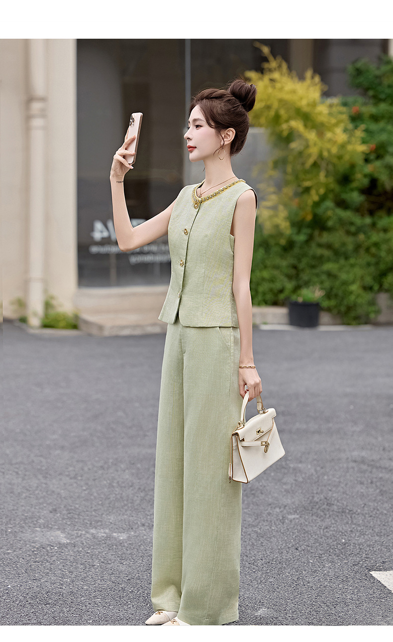 Bộ yếm quần ống rộng nữ hai mảnh không tay phối quần ống rộng cao cấp HE6605 — Màu hồng, xanh lá cây chi tiết 15
