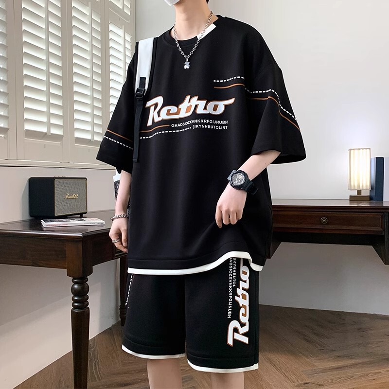 Casual Sports Suit for Men, Summer Trendy Fat Man's Large Size Short-Sleeved Shorts Set with Handsome Youth Clothes