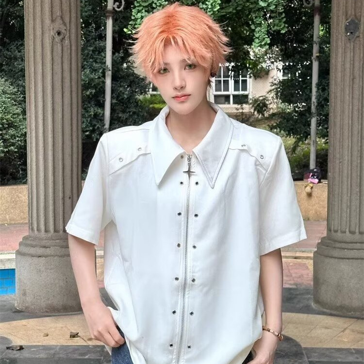 Zipper Design Sense Shirt Men's Short-sleeved Vibe High Street American Shoulder Pad Shirt Summer Trendy Brand Loose Half-sleeved Jacket