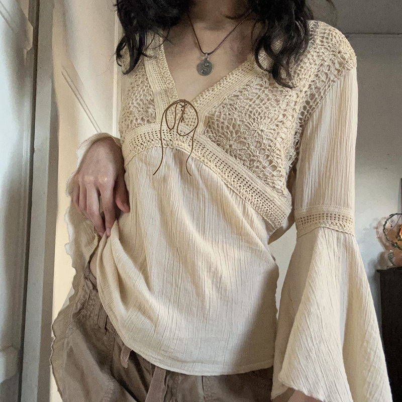 European and American Fashion Casual Style Jacquard Mesh Lotus Leaf Sleeve Shirt Women's New Versatile V Neck Lace-Up Loose Top European and American Fashion Casual Style Jacquard Mesh Lotus Leaf Sleeve Shirt Women's New Versatile V Neck Lace-Up Loose Top
