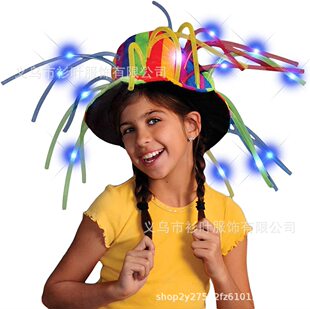 Funny Clown Rainbow Hat Carnival Crazy Clown with Lighted Rainbow Hat Led Model 18 Light String Tall Hat
