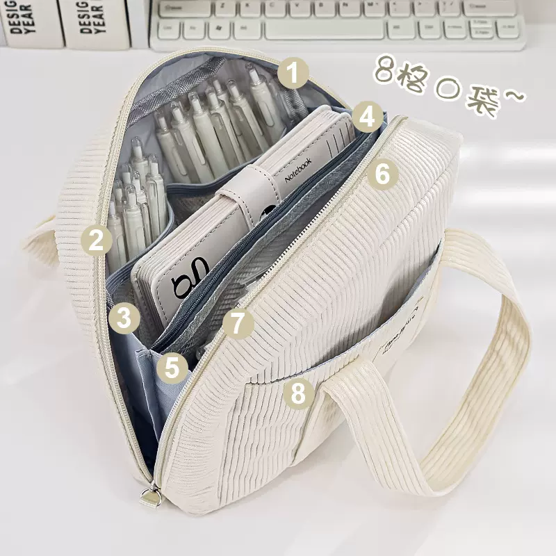 新款灯芯绒收纳袋八层大号美学设计铅笔绒布袋初高中生文具包