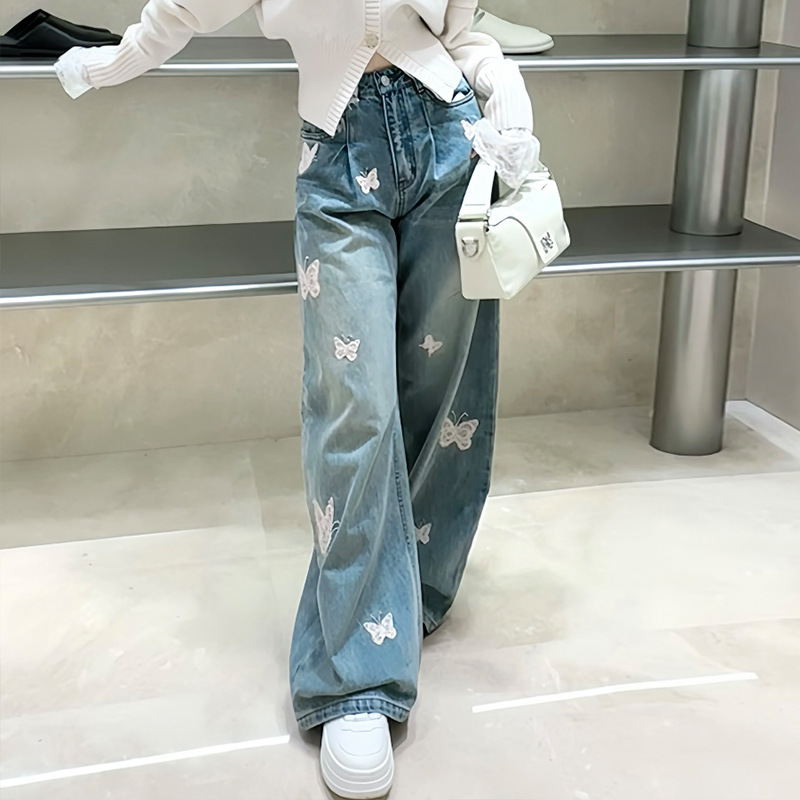 Nanyou High-End Ann Vintage Embroidered Handmade Butterfly 3D High-End Feel Women's Jeans with Draped Wide-Leg Straight Cut
