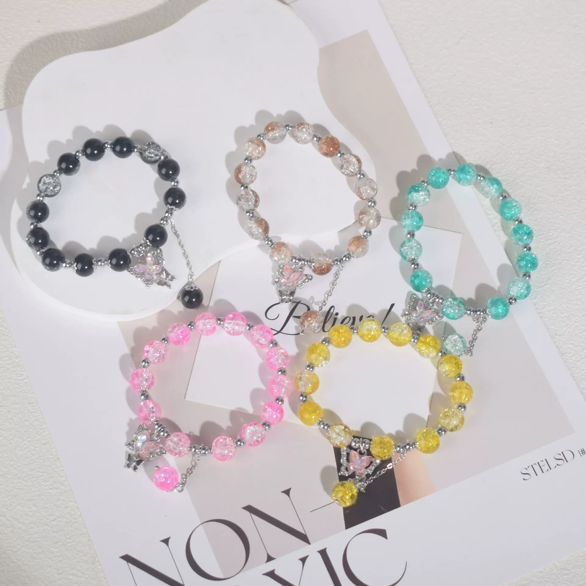 厂家爆款玻璃爆珠蝴蝶合金手链女星星双色闺蜜手串珠手链批发新款