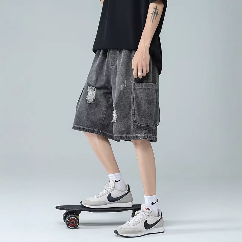 Men's Denim Shorts Summer Loose Plus Size Knee-Length Trendy Casual Elastic Waist Multi-Pocket Cargo Pants Men's Denim Shorts Summer Loose Plus Size Knee-Length Trendy Casual Elastic Waist Multi-Pocket Cargo Pants