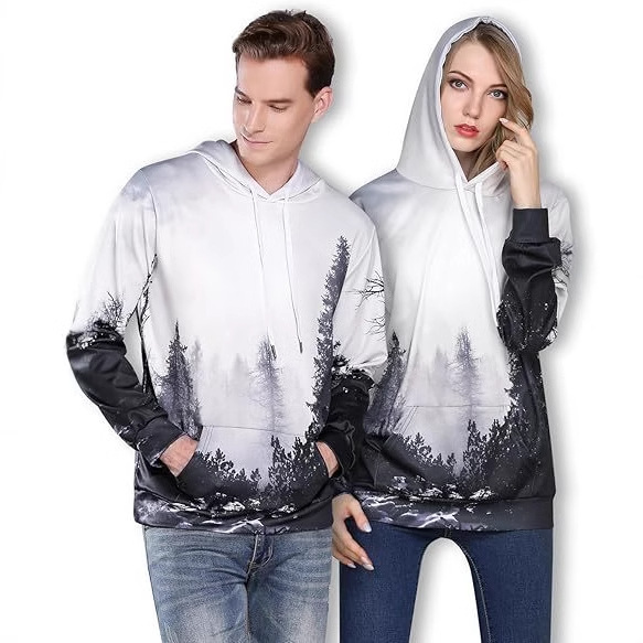 Suéter con capucha y cordón de manga larga con estampado 3D de bosque de tinta simple para hombres y mujeres con el mismo estilo de primavera y otoño