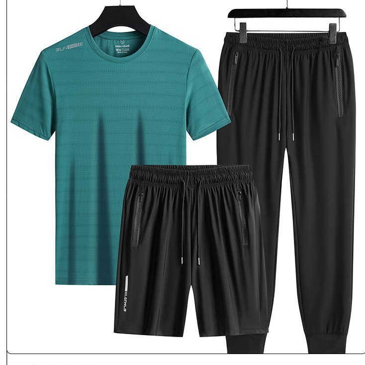 Trajes deportivos transfronterizos para hombres de verano de seda de hielo de manga corta de mediana edad, pantalones rectos para padres de tres piezas de secado rápido