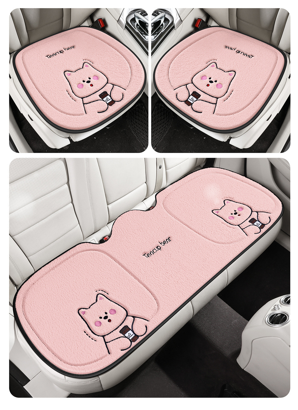 Wholesale New Four-Season Universal Car Seat Cushion Non-Slip Wear-Resistant Short Plush Cartoon Bear Three-Piece Set Factory Direct Sale