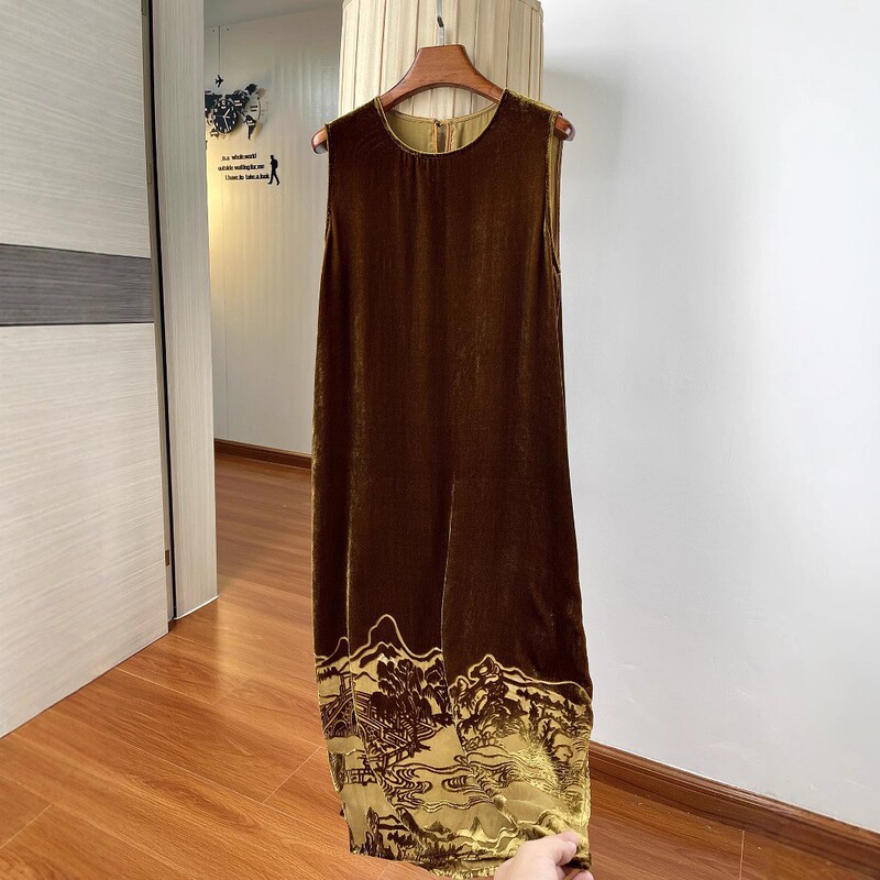 Landscape Painting Burnt Velvet Silk Dress Summer Thin Loose H-Shaped Belly-Covering Sleeveless Vest Dress Long Style